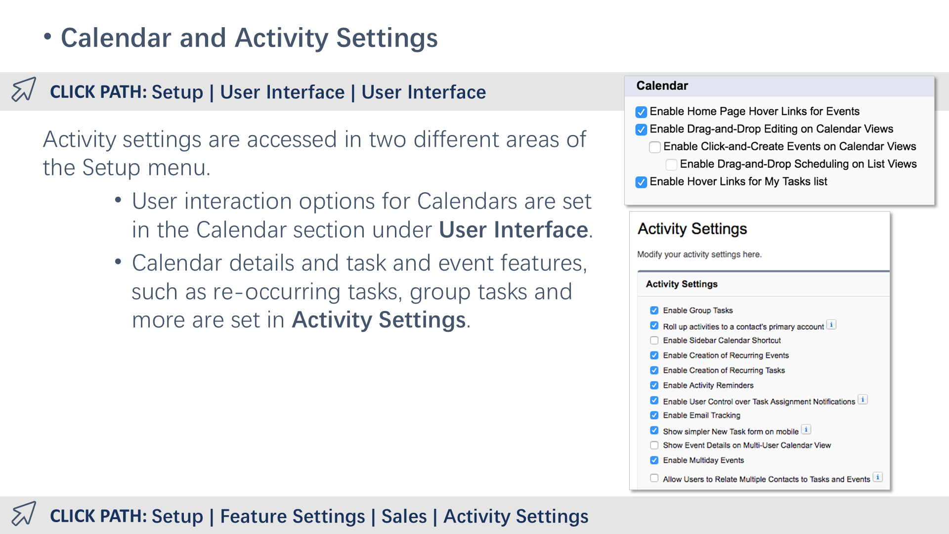 Calendar and Activity Settings