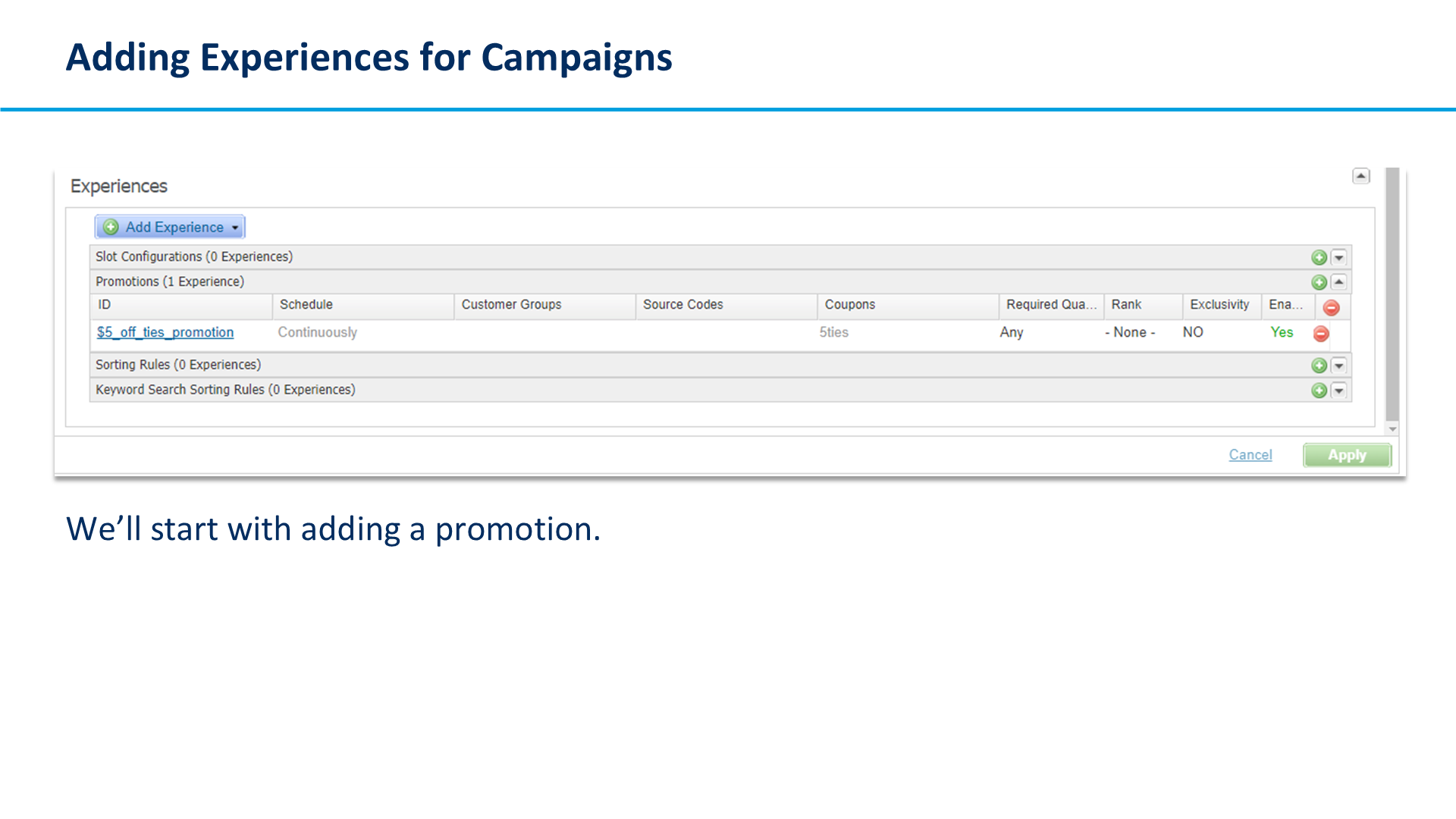 Adding Experiences for Campaigns