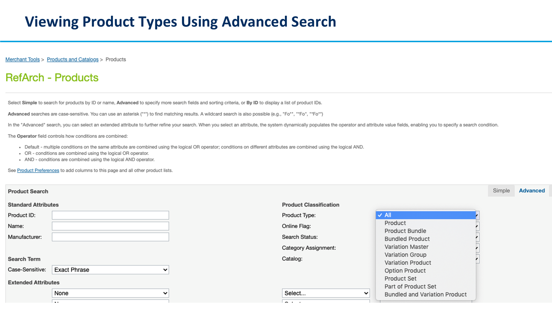 Viewing Product Types Using Advanced Search