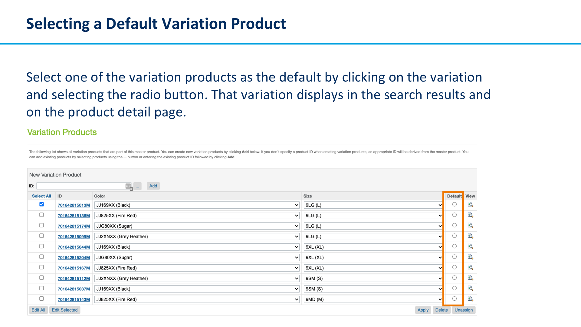 Selecting a Default Variation Product