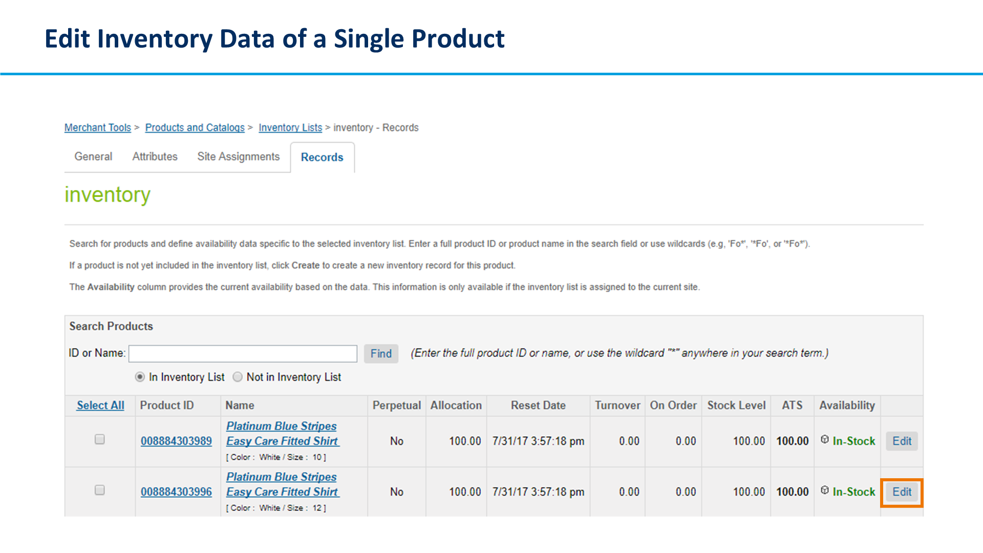 Edit Inventory Data of a Single Product