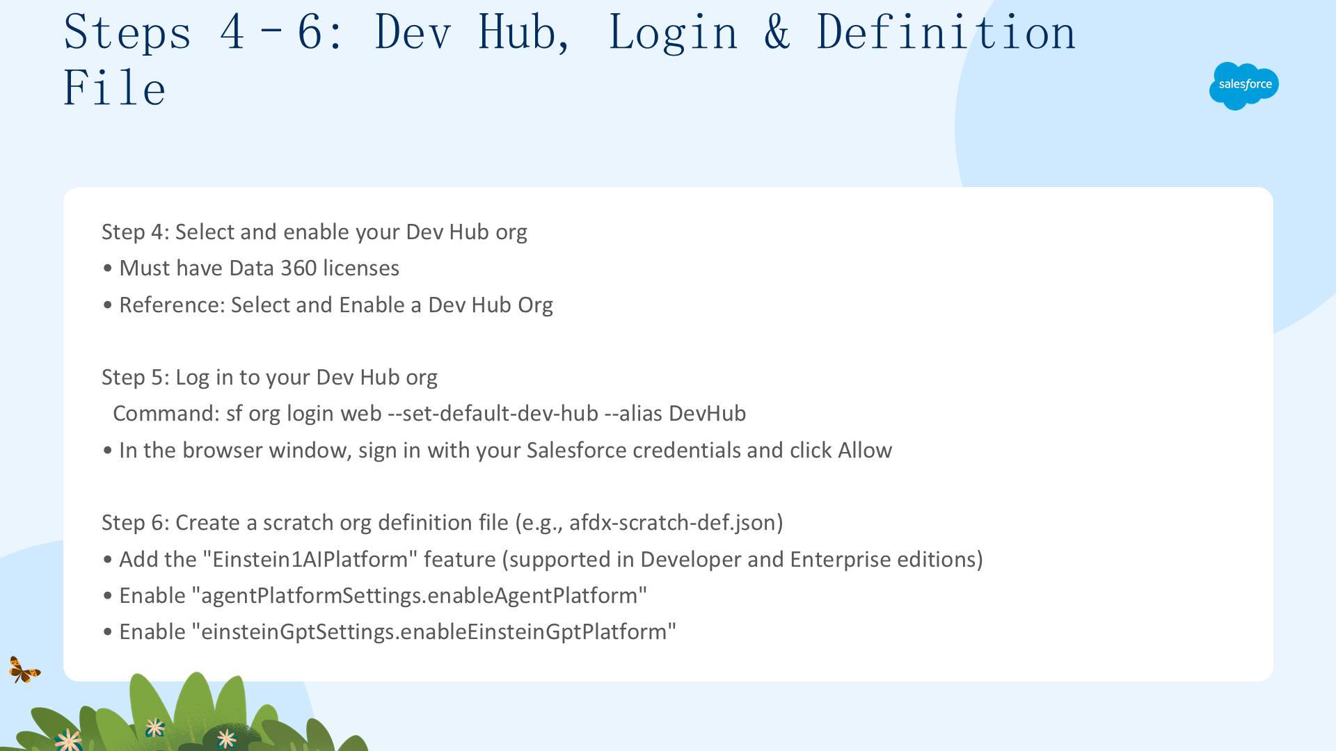 步骤 4-6：Dev Hub、登录和定义文件